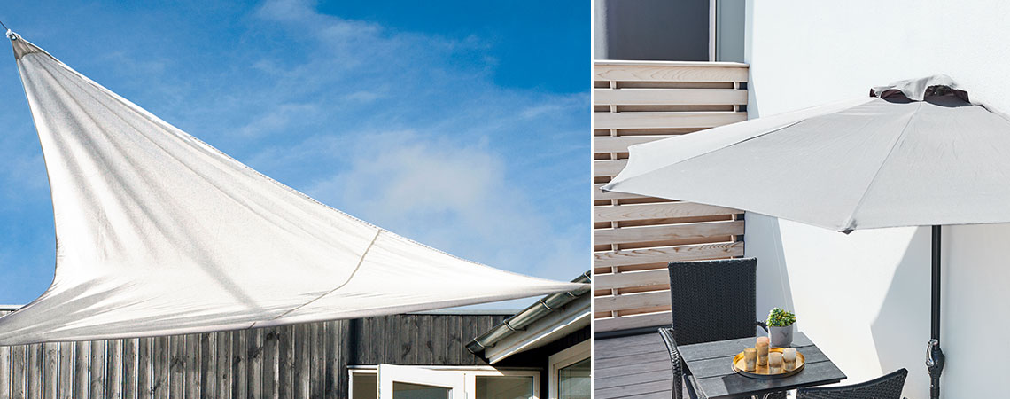 Kaksi eri tapaa saada katettu terassi tai parveke - aurinkosuojalla tai aurinkovarjolla