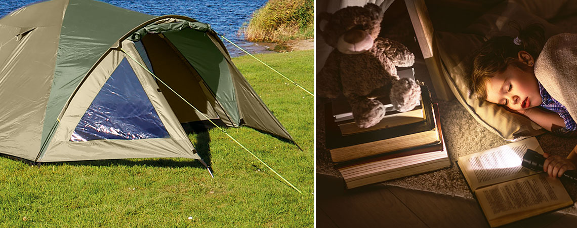 Teltta ja lapsi nukkumassa teltan sisällä