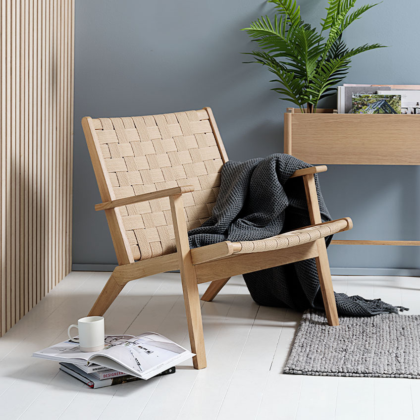 Armchair made from solid oak and oak veneer with woven seating