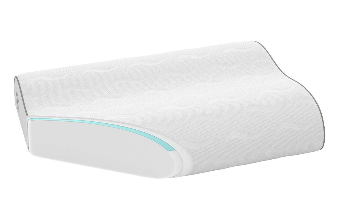 HAMMAREN-tyynyssä on viilentävä geelikerros sekä viilentävä päällinen Viilentävän tyynyn poikkileikkaus, jossa on memory foam -täyte, viilentävä geelikotelo ja viilentävä päällinen