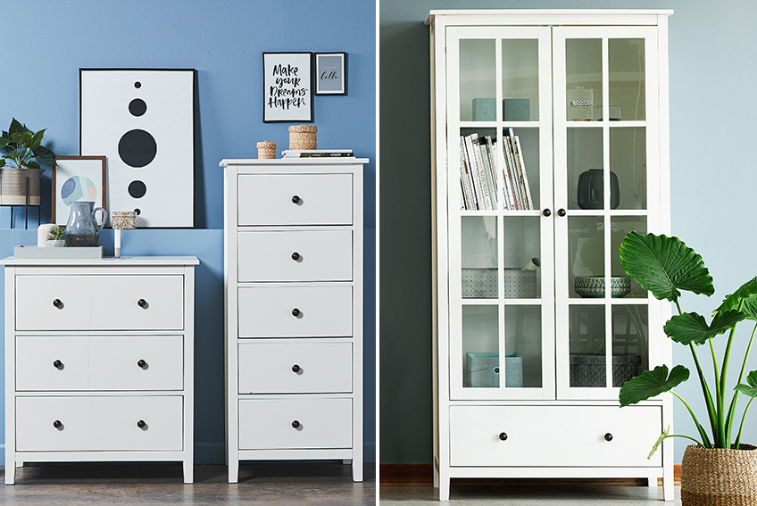 2 white chests of drawers with 3/5 drawers and a white display cabinet with 2 doors and a drawer