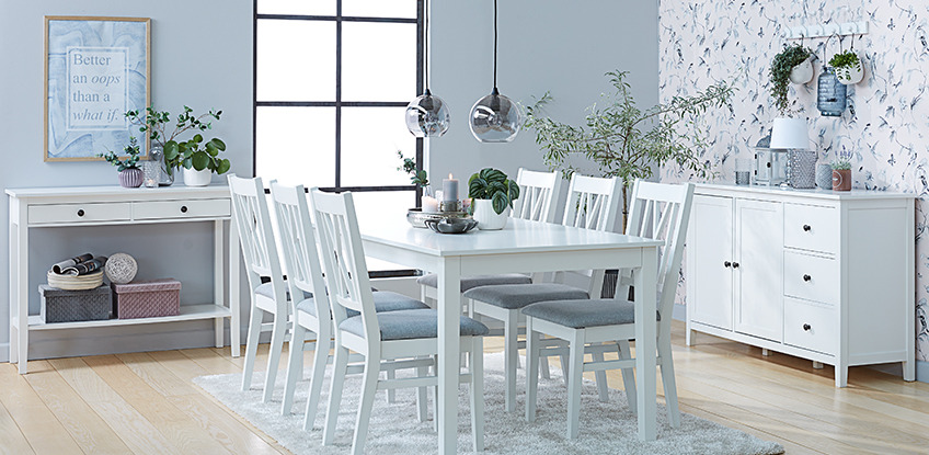 NORDBY console table, dining table, dining chairs and sideboard Dining room with all white console table, dining table, dining chairs and sideboard