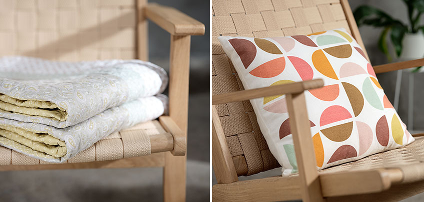 Armchair with MAIGULL throw and TUSENFRYD cushion Armchair with throw and cushion in bright colours