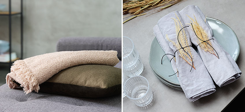 NATTLILJA throw, LILJE cushion, CLAES glasses and HARSYRA cloth napkins Use natural colours and materials in your house decoration