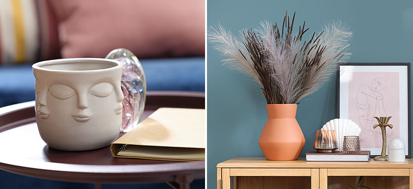 ABBAS plant pot and SVERRE vase with KRISTOFFER artificial flowers Interior design style with references to the 70s