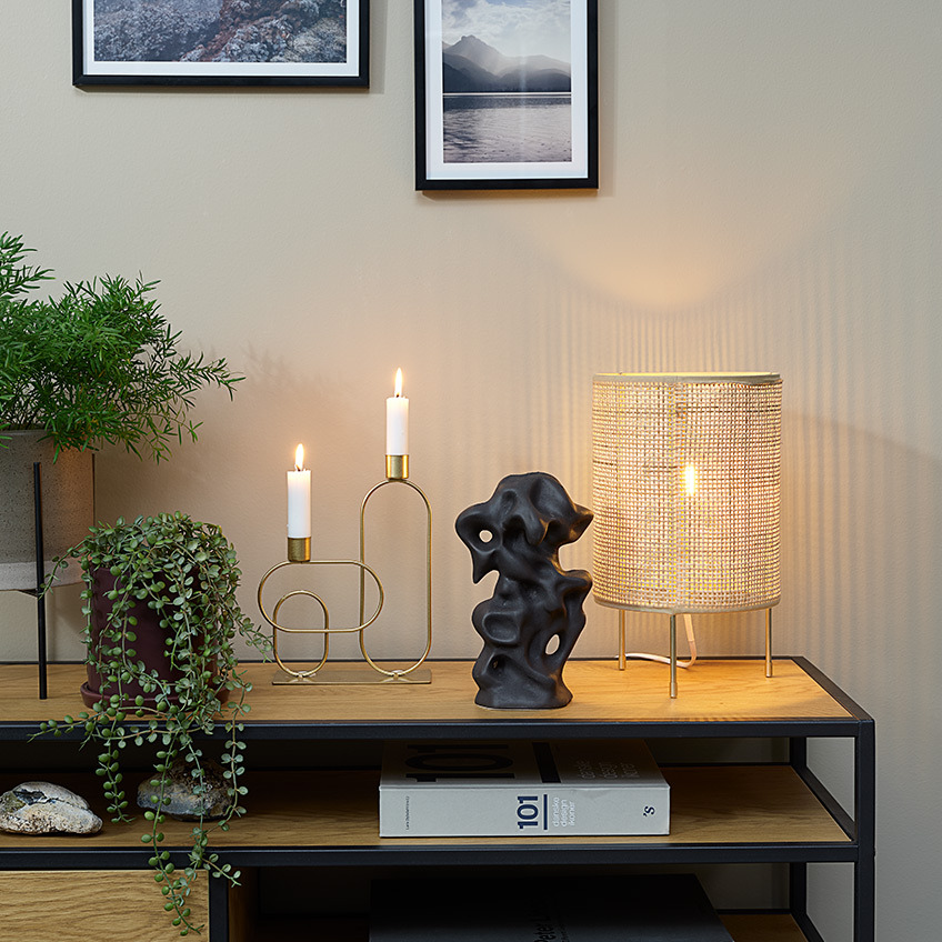 Plant pots, artificial plants, candlestick, ornament and table lamp on top of a TV stand  