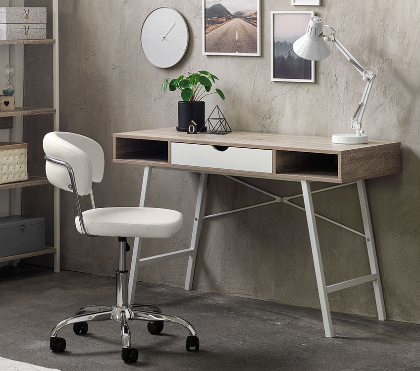 White office chair at an office desk with drawer and storage space