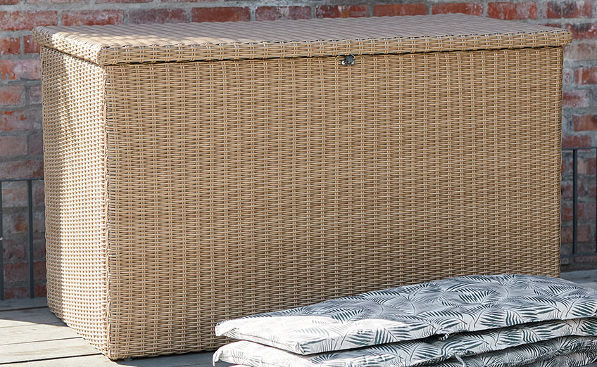 Large garden storage box on a wooden patio 