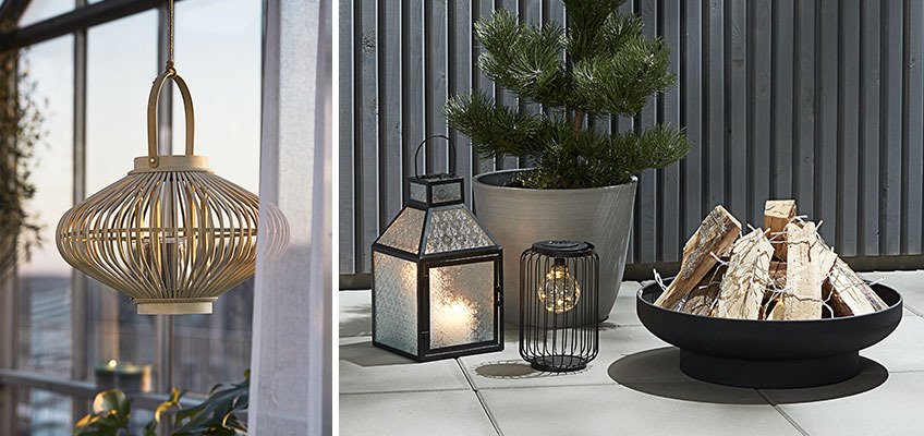 GULSANGER and HUMMER lanterns and ROSENFINK fireplace Lanterns and fireplace in outdoors settings