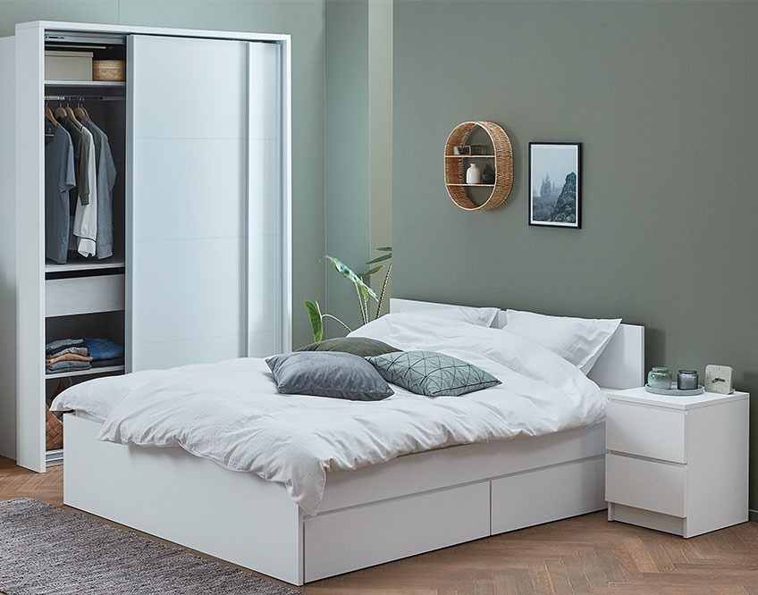 LIMFJORDEN bedside table and LIMFJORDEN bedframe Bedroom with bed and bedside table