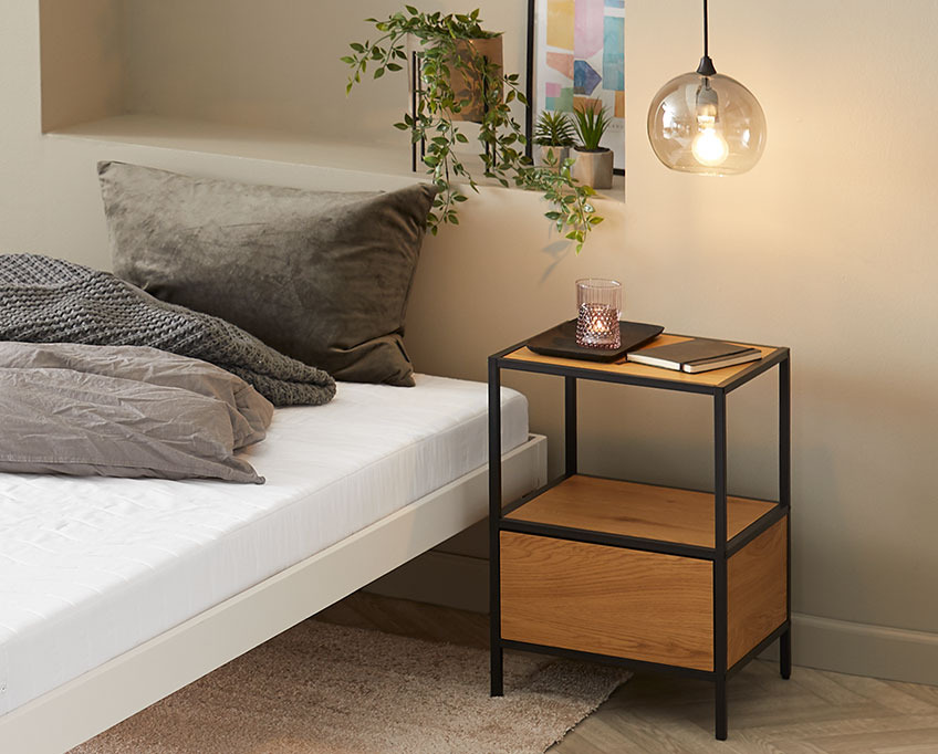 TRAPPEDAL bedside table with a shelf and a drawer Bedroom with bed and bedroom table