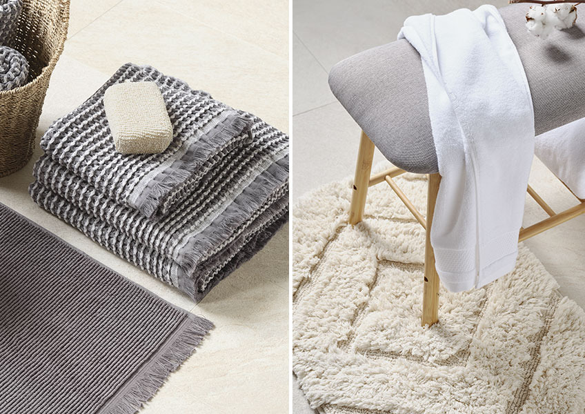 IDRE grey towels and GIMO off white bath mat Grey waffle towels and white towel on bench placed on off white bath mat