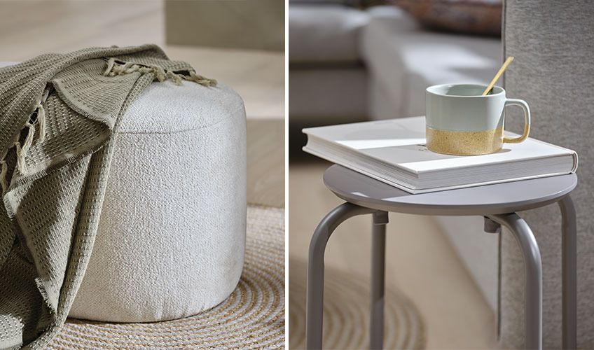 OREBO pouffe, KARVE throw and STACK stool Off-white pouffe with green throw and grey stool with book and mug