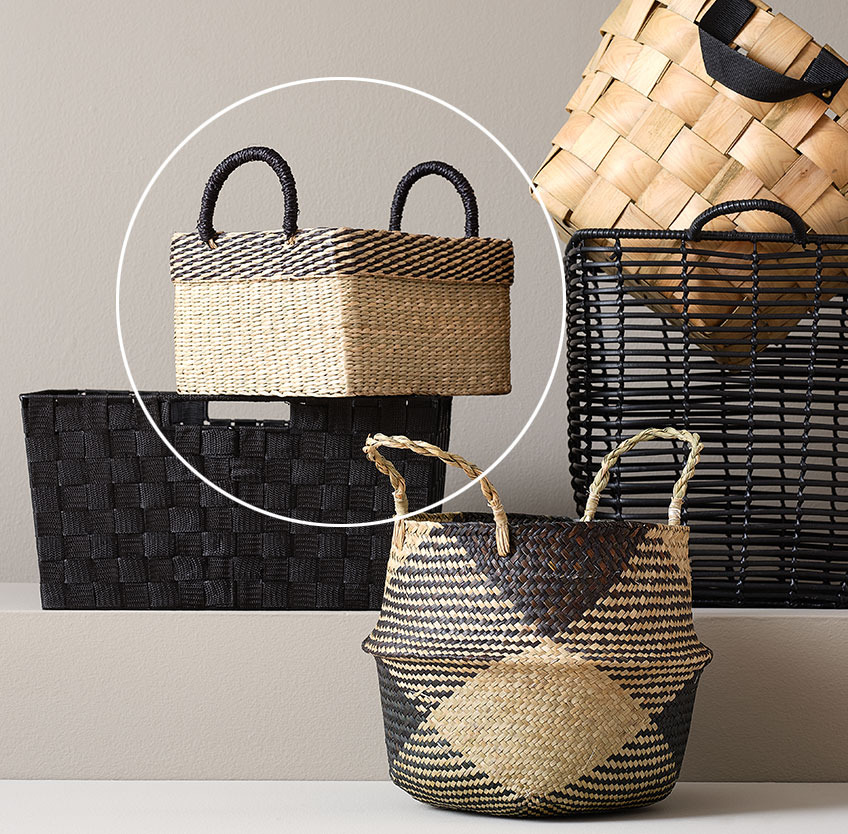 AGNE square seagrass basket, black ASMUS basket, and round GUDMAND basket Square seagrass basket, round basket and black baskets