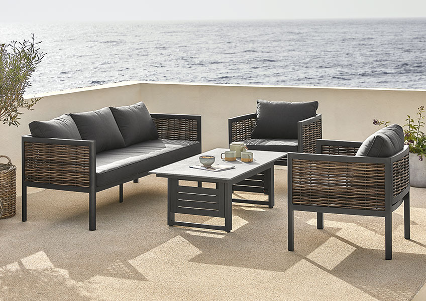 SALTEN lounge set with height-adjustable table Black quick-dry lounge set with one sofa, 2 chairs, and height-adjustable table