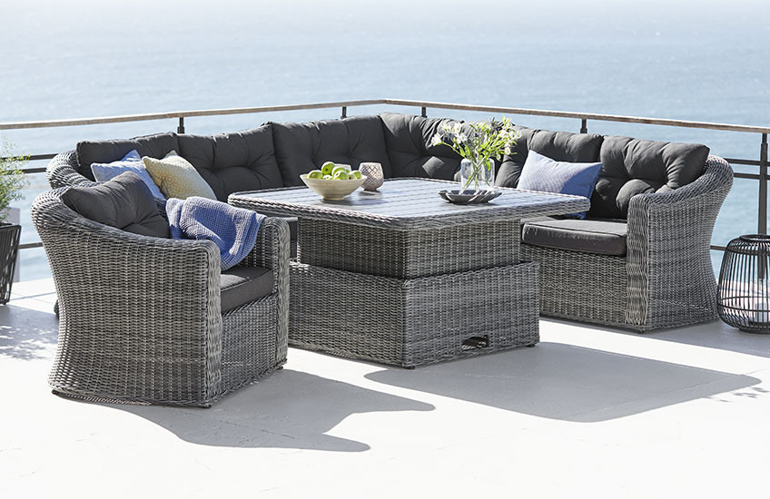 Grey garden lounge set with corner sofa, chair and adjustable table