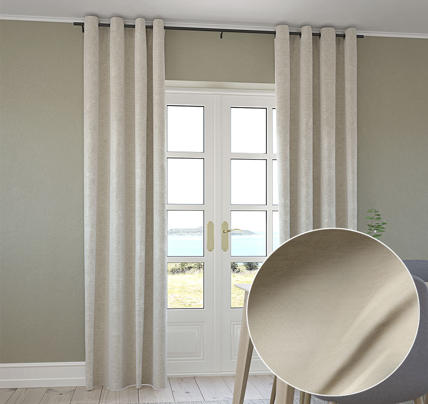 Sand-coloured curtains in Scandinavian dining room
